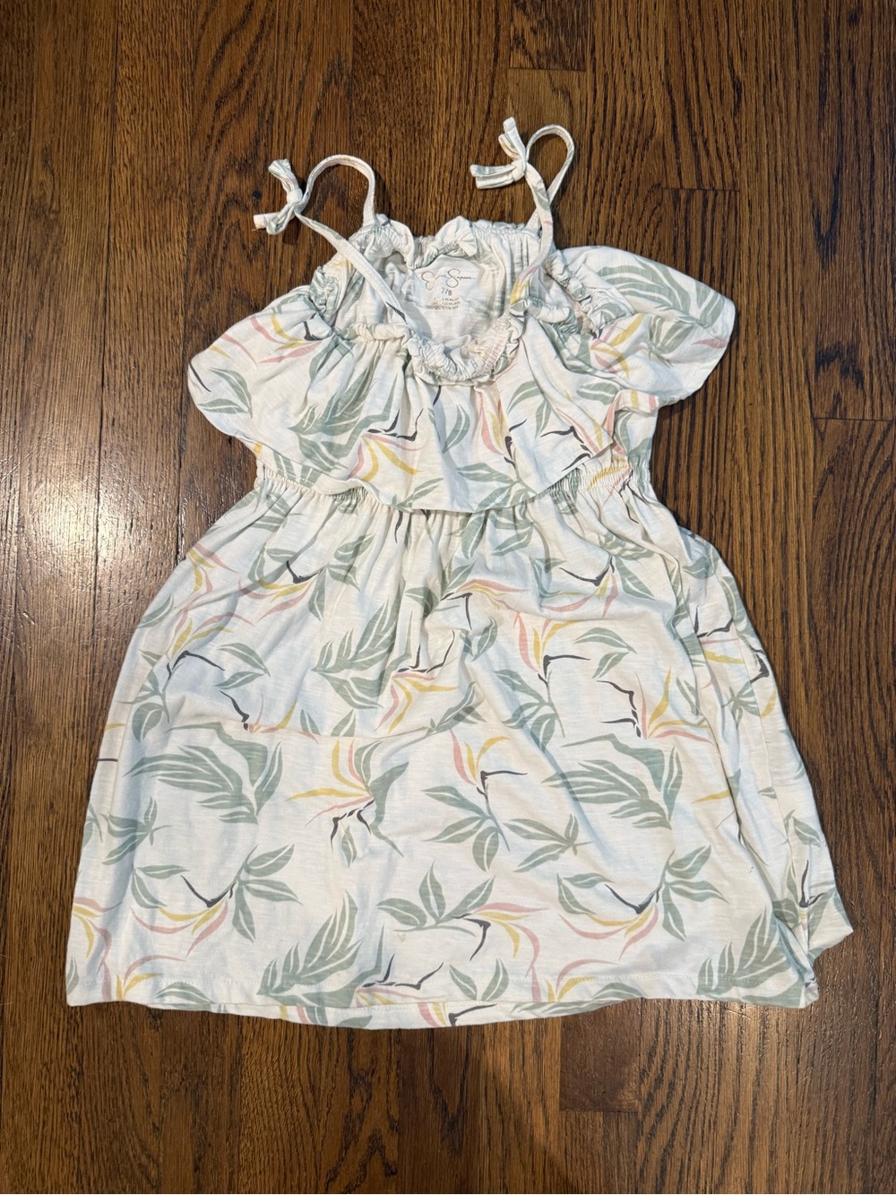 Jessica Simpson White Tropical Leaf Ruffle Sundress with Pastel Accents